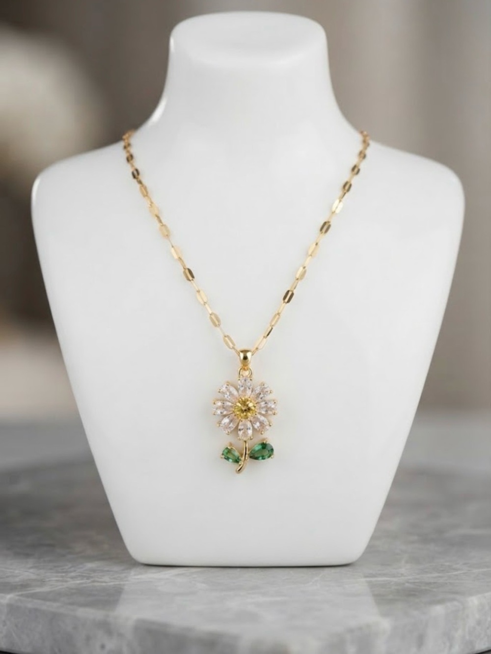 Gold Floral Pendant Necklace with White and Green Accents - Women Jewelry